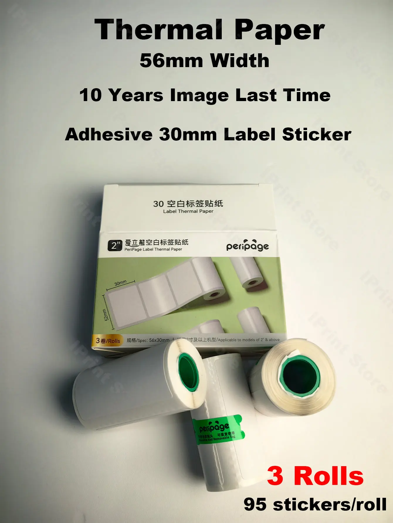 3Rolls Printable 30mm Label Sticker Roll Direct Thermal Paper with Self-adhesive 56mm for PeriPage A6 PAPERANG P1/P2 Printer