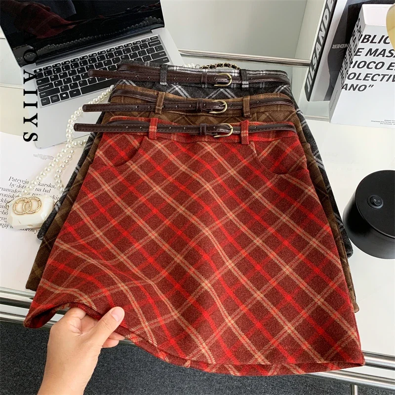 AOAIIYS Red Plaid Skirts Women High Waist Pocket with Belt Tweed Mini Skirts New Autumn Winter French Vintage Slim A-Line Skirts