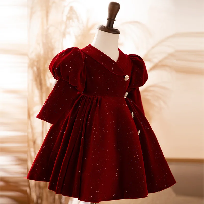 Newborn Baby Girl Princess Christmas Red Dresses Puff Sleeve Infant Toddler Shiny Vintage Winter Evening Gown Bow 12M-10Y