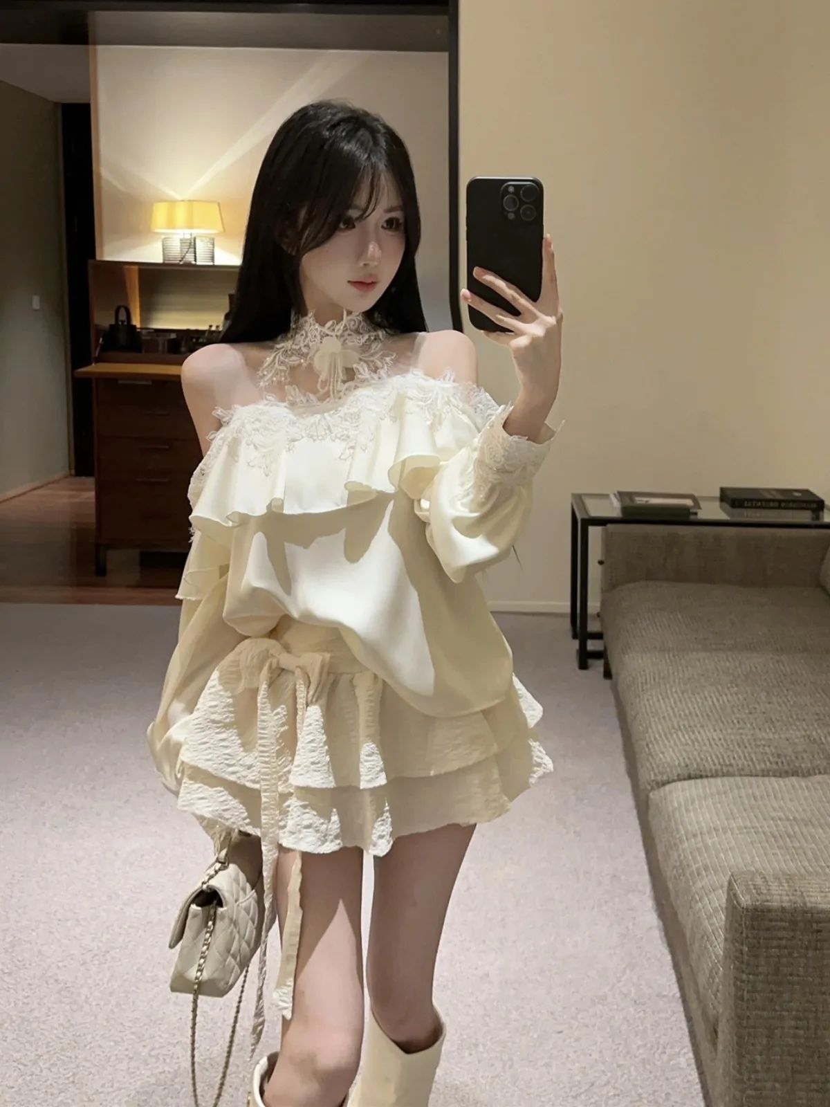 

Sweet Embroidered Bead Long Sleeve Shirt And High Waist Skirt Two Piece Set for Women Net Gauze Bell Bottoms Slimming Ef...