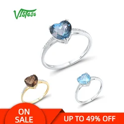 VISTOSO Pure14K 585 White Gold Ring For Women Sparkling Diamond Limpid Sky Blue Topaz Anniversary Classic Fine Jewelry