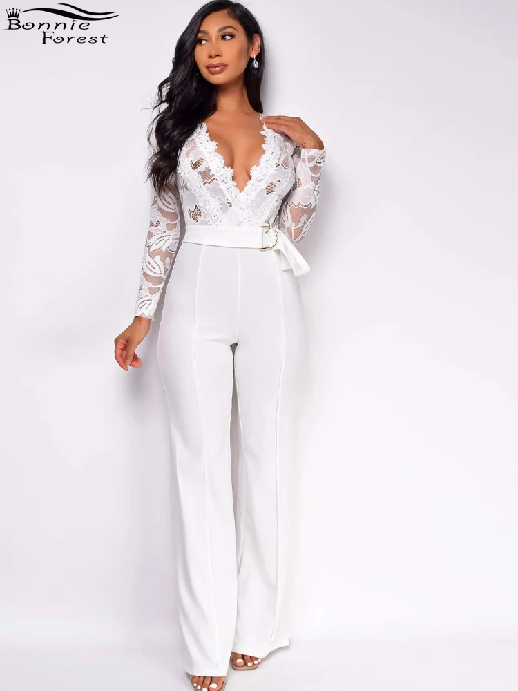 

Bonnie Forest Elegant Deep V Neck Belted Embroidered Jumpsuits Autumn Chic Hollow Out Long Pants Jumpsuits Sexy Rompers Overalls