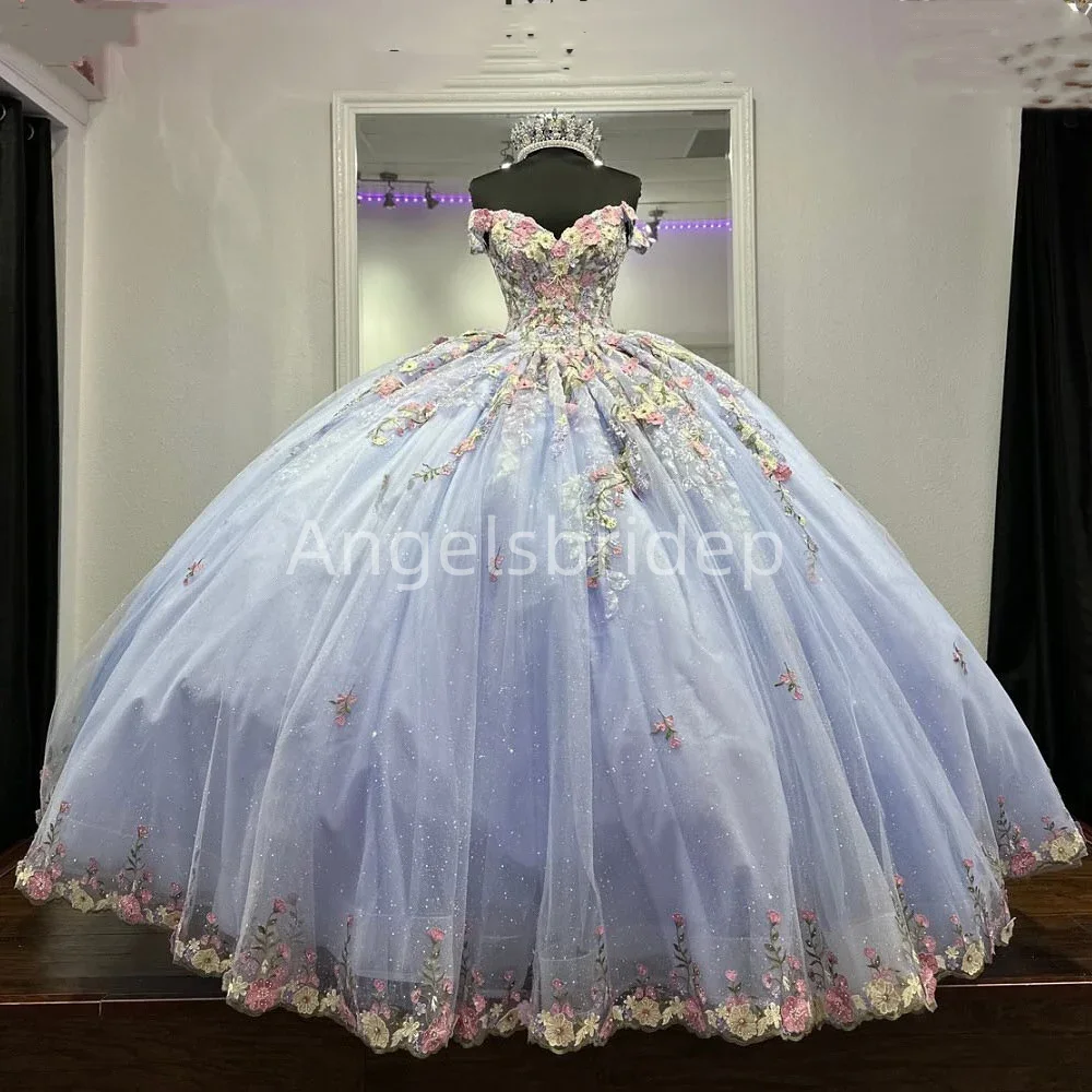 Angelsbridep светильник Голубое Бальное платье, платья для Quinceanera 2025, платья с красочной аппликацией, женское платье