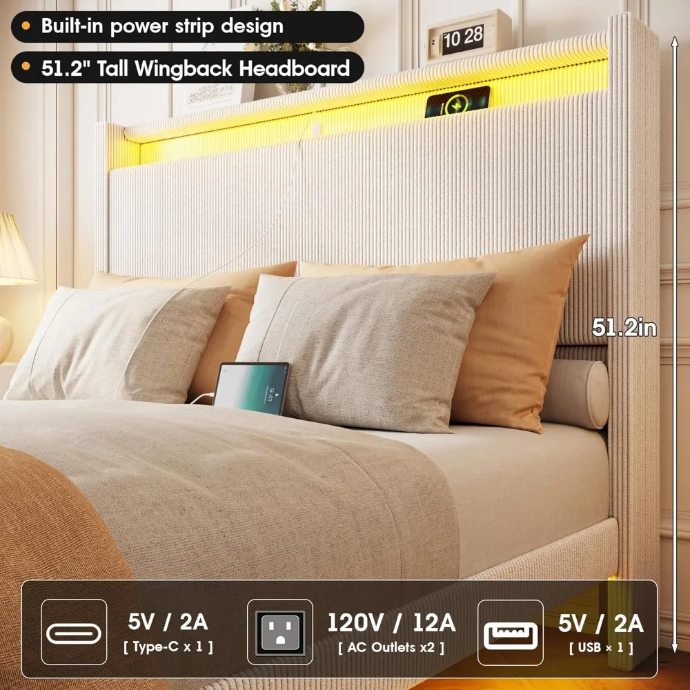 Cama flutuante com plataforma de metal com estação de carregamento, luzes LED, veludo cotelê confortável, cabeceira alta, estrutura de cama queen