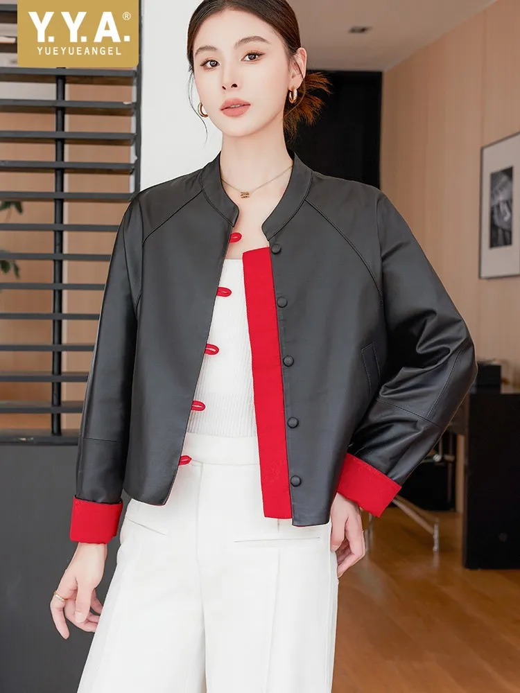 New Chinese Style Women Sheepskin Real Leather Jacket Stand Collar Fashion Outwear Patchwork Single Breasted Casual Short Coat