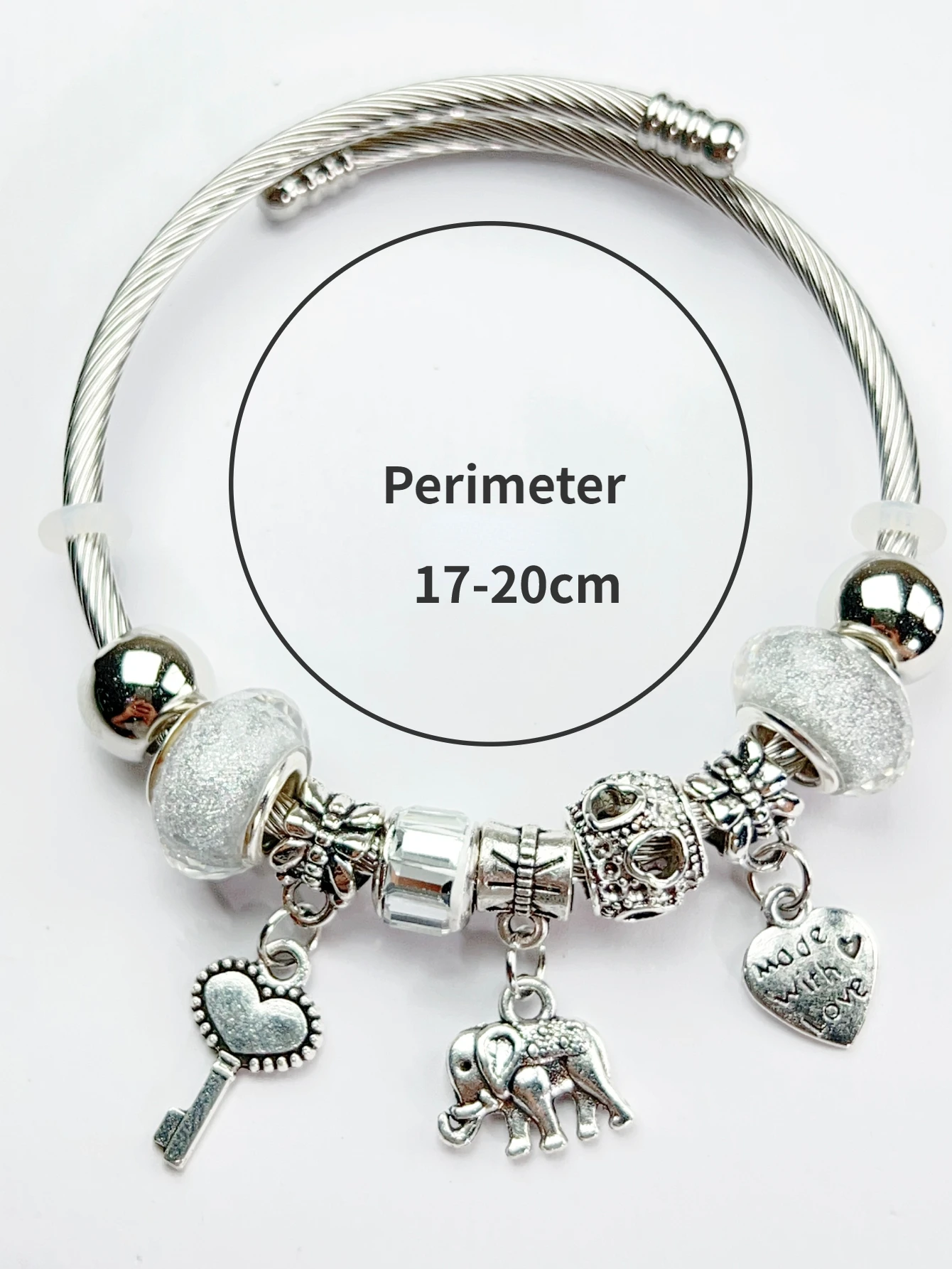 Adjustable Silver Color Alloy Elephant Heart Pendant Artificial Zircon Bangle Round Bead Bracelet Cuff for Women Elegant Wedding