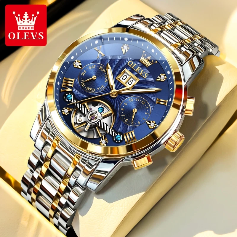 OLEVS 9910 Mens Watch Original Luxury Brand Waterproof Luminous  Automatic Mechanical Watch Dual Calendar Watch Box Reloj