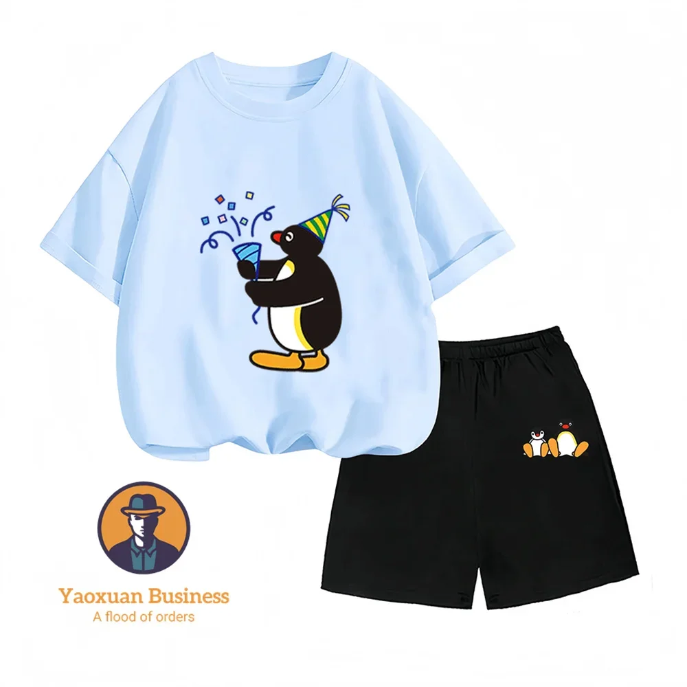 conjunto-de-algodao-em-duas-pecas-com-estampa-do-cartoon-pingu-para-criancas-de-2-a-14-anos-venda-quente-de-verao-para-meninos-e-meninas