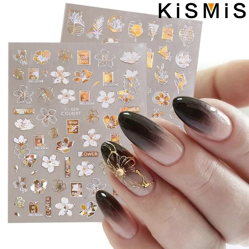 KISMIS 3D Laser Blumen Blatt Abstraktes Gesicht Design Glänzende Dekoration Mehrfarbige Blumenmuster Aufkleber DIY Aufkleber für Nagel