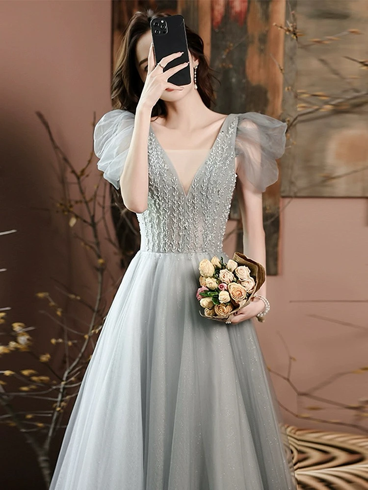 

Elegant Blue Grey Evening Dresses A Line Puff Sleeves Gorgeous V-Neck Formal Party Tulle French Style Bridesmaid Prom Gowns