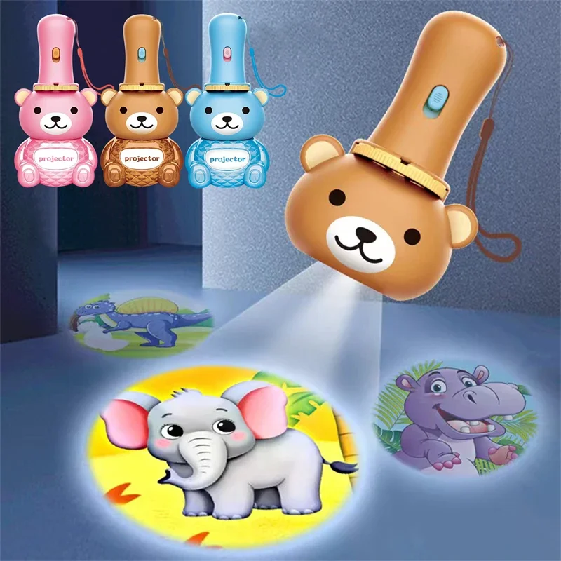 Urso de dormir iluminar brinquedos para bebê, desenhos animados bonitos, crianças lanterna, projetor, tocha lâmpada, brinquedo de educação precoce, meninas