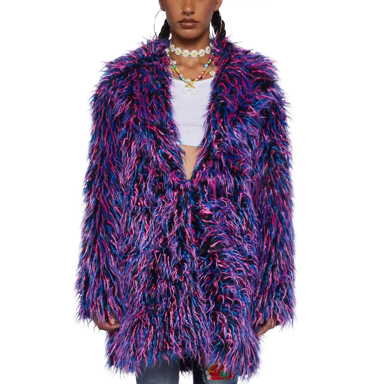 

Colorful Jacquard Winter Women Eco Fur Coat V-neck Full Sleeve Oversized Lady Artificial Fur Jacket Versatile Female Fur Coat