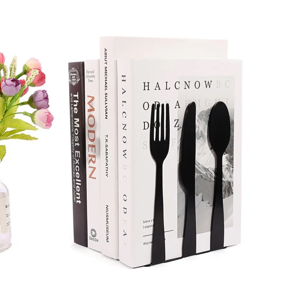 Kitchen Utensils Shape Metal Bookends Multi-Function Black Set Decorative Book Stands Space Saving Practical Storage