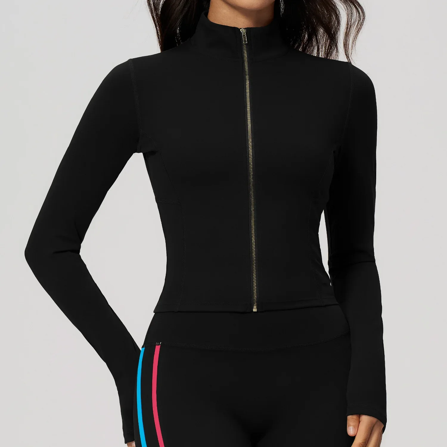 Ropa de yoga de manga larga para deportes al aire libre, para mujer, de corte ajustado, de secado rápido, con cremallera, chaqueta con cuello alto, ideal para correr y hacer ejercicio.
