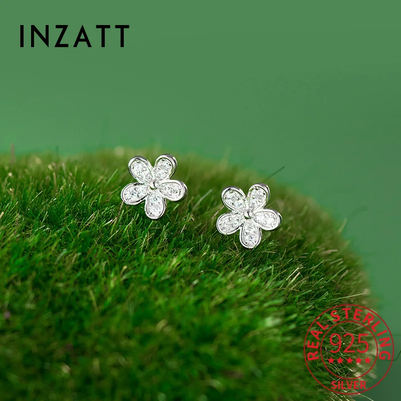 

INZATT Real 925 Sterling Silver Zircon Flower Plant Mini Stud Earrings for Women Classic Fine Jewelry Light Luxury Accessory