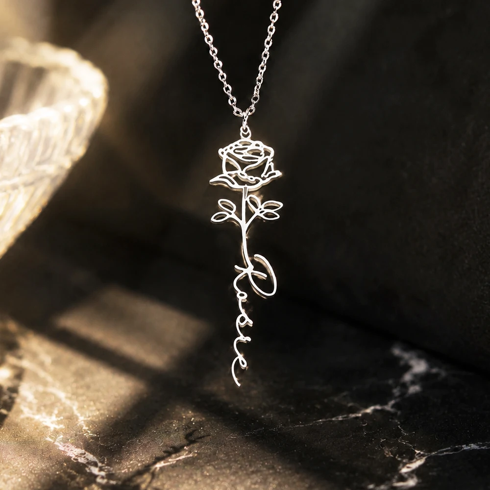 Women's Custom Name Birth Flower Necklace, Personalised Gift