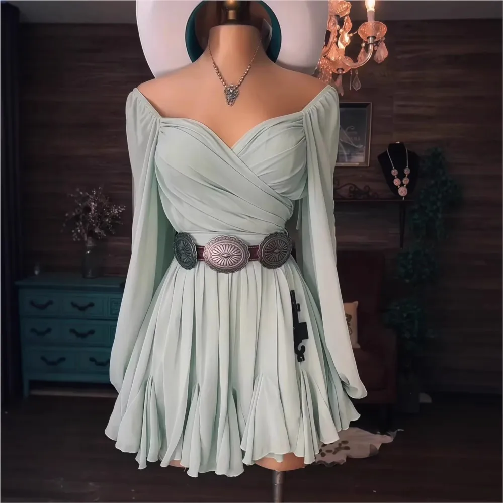 

Mesh Wrap Chest Dress Summer Women's Western Solid Color Long Sleeve Fashion Pleated Short Dress Vestidos De Fiesta Elegantes