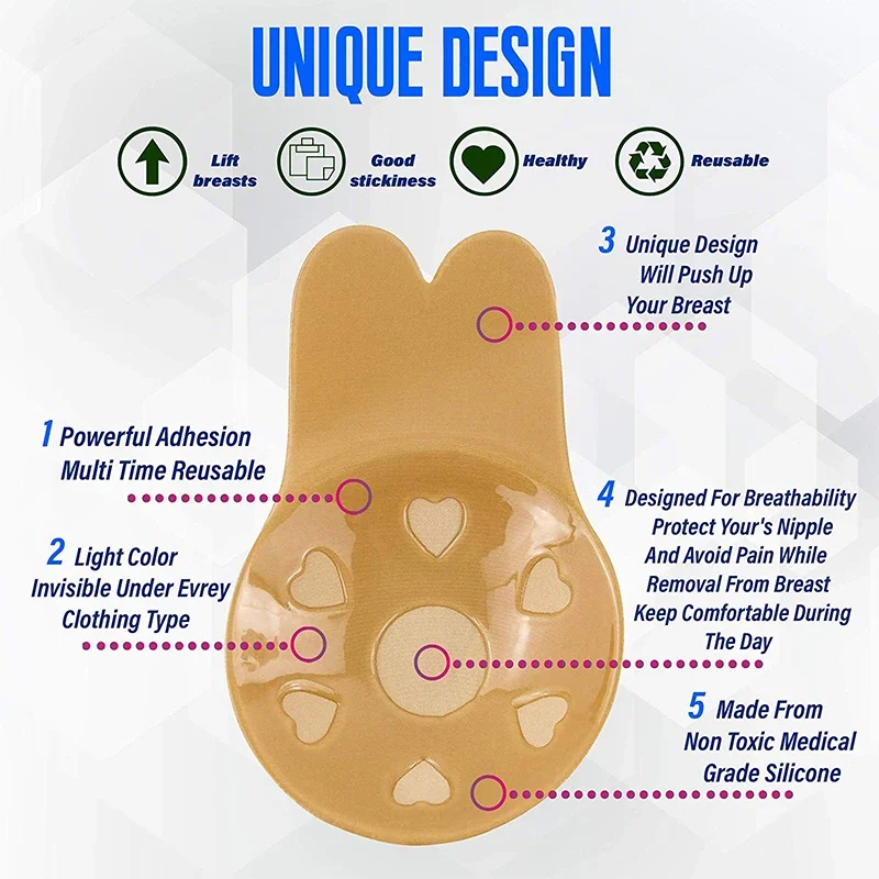 حمالة صدر لاصقة من السيليكون بدون حمالات للنساء ، حمالة صدر غير مرئية ، قابلة لإعادة الاستخدام ، رفع ثدي لاصق ، غطاء حلمة ، وسادة أرنب مثيرة
