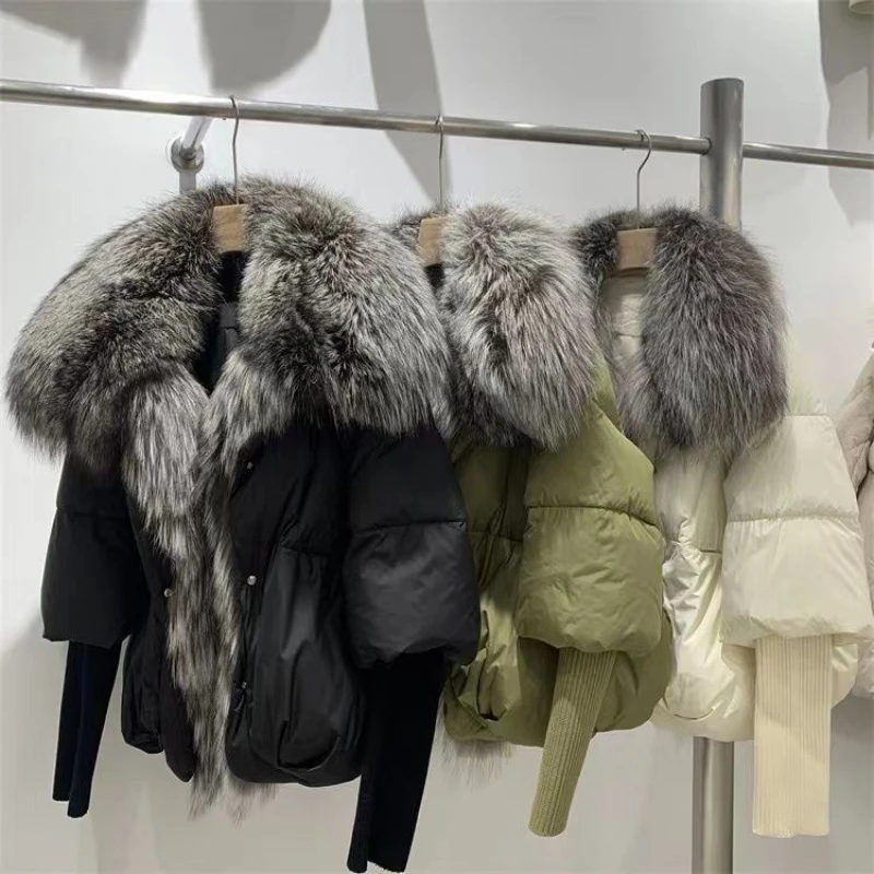 2023 fur down jacket women fashion short European Korean version long thread sleeve big pocket silver fox fur collar tide coat