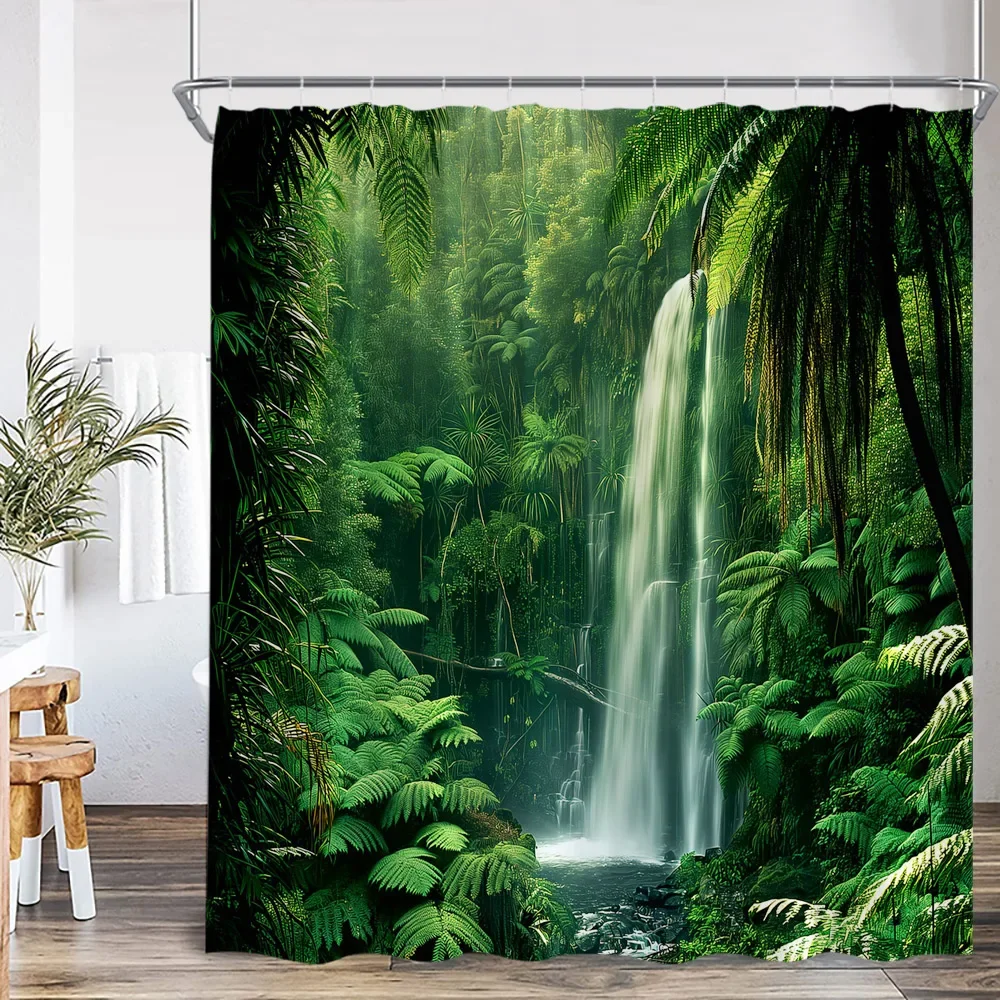 Natural Landscape Waterfall Forest Shower Curtain Scenery Green Leaves Plants Bathroom Decor Polyester Bath Curtain for Home