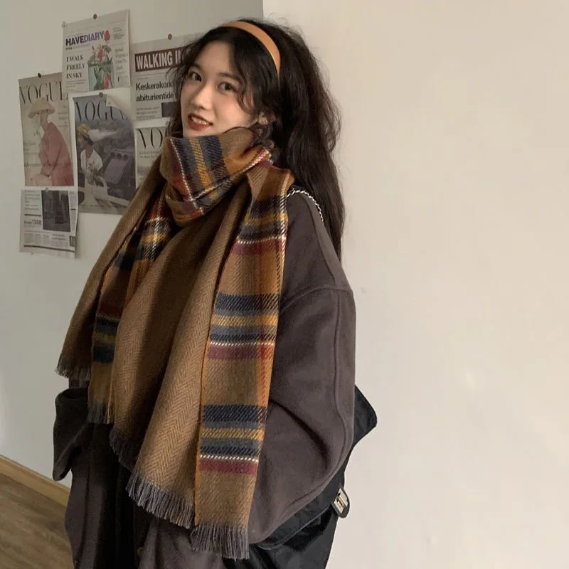 Korean Version Women\'s Scarf Retro Brown Plaid Large Shawl 2022 Winter New Scarves for Female Thicken Cashmere Pashmina Foulard