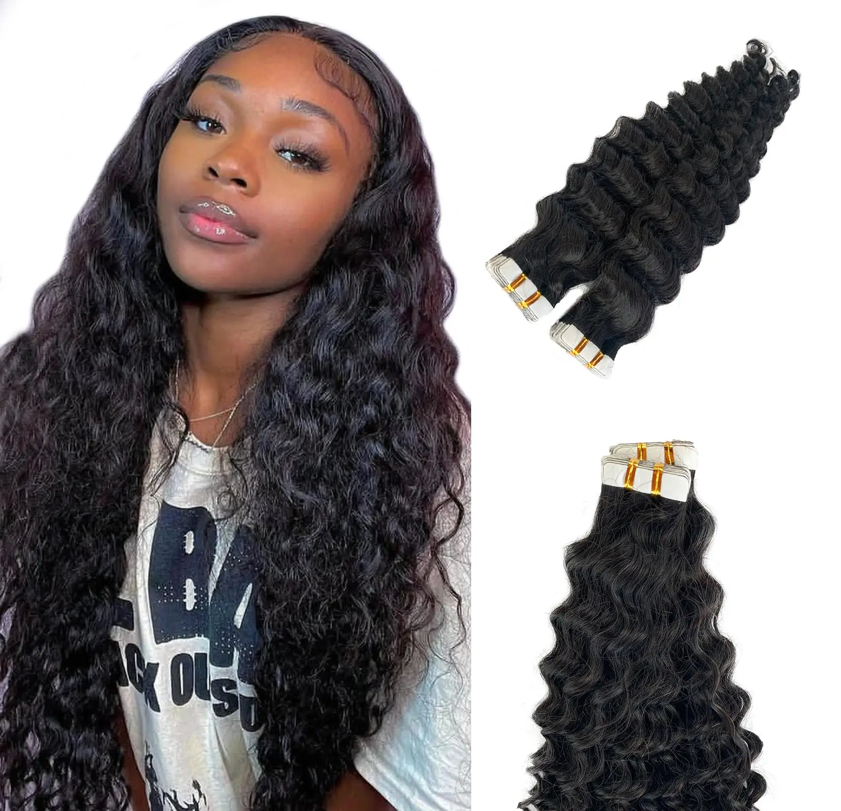 

Лента с глубокими волнами в наращивании человеческих волос Невидимая черная натуральная лента для наращивания волос Человеческие волосы 22 дюйма 50 г Свободная вьющаяся лента