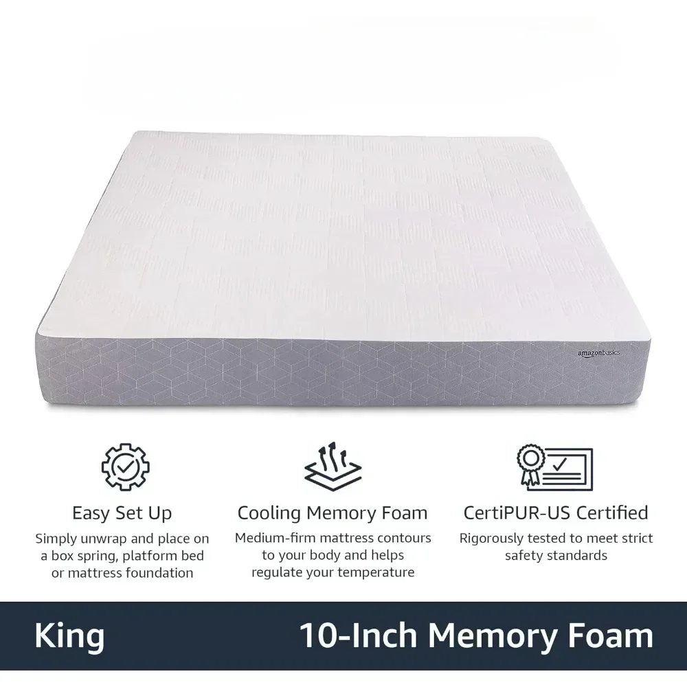 10 Inch Mattresses Cooling Infused Gel Memory Foam Mattress, Medium-Firm, CertiPUR-US Certified, King Size, White/Gray