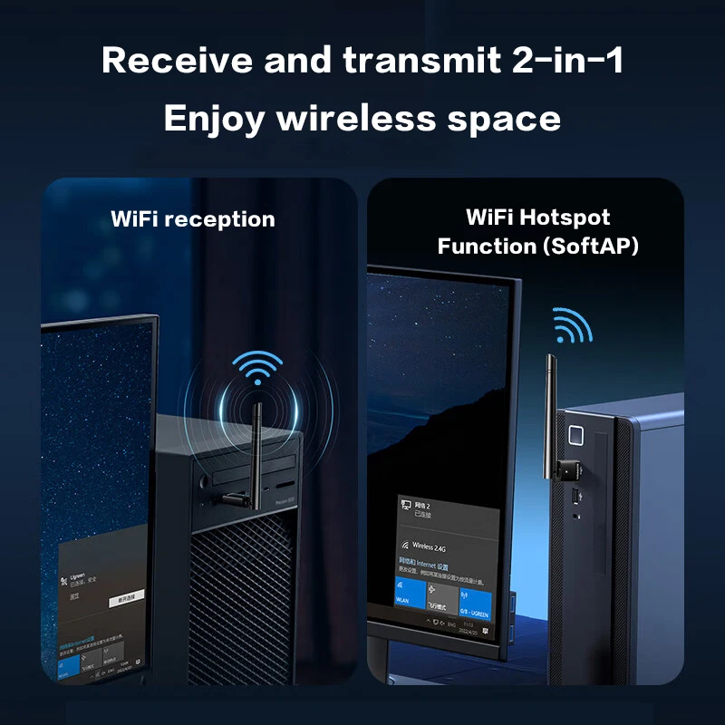 Adaptador WiFi UGREEN USB-A para PC de escritorio, adaptador AX300 USB WiFi 6, antena de alta ganancia 3dBi, controlador incorporado para Win 11/10/7