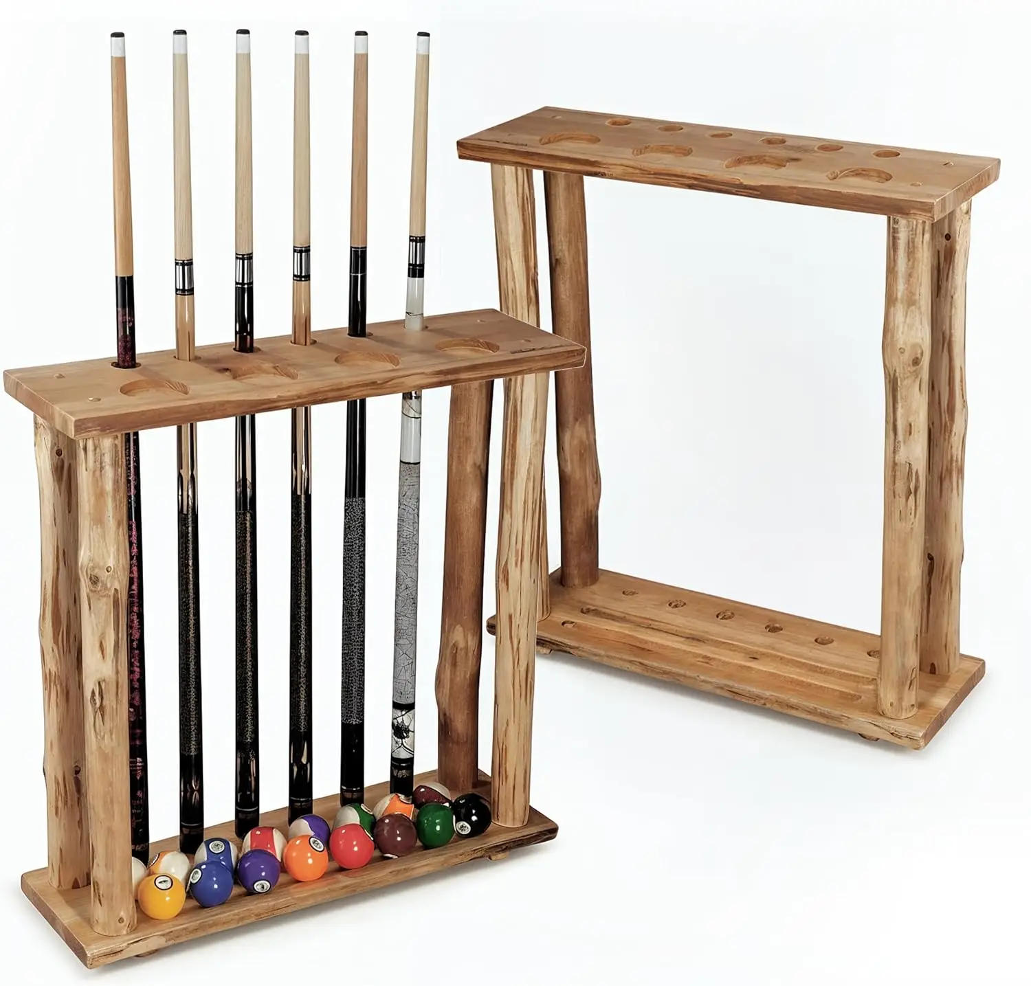 Porte-taches de billard rustique en pin pour 6 et 16 boules, sur pied avec porte-boissons