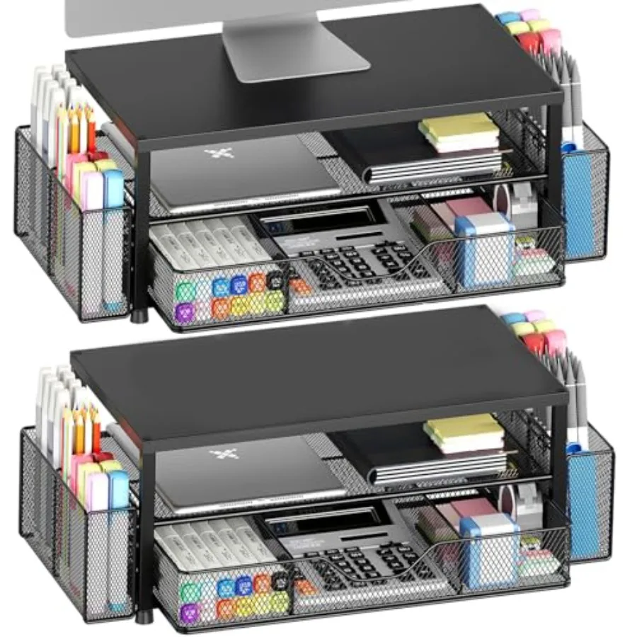 Desk Organizer and Accessories 2-Tier Computer Monitor Stand Riser with Drawer and 2 Pen Holders Laptop Stand Office Desk Acces
