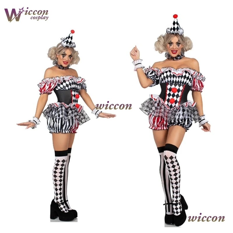 CosC Women Clown Cosplay Costume Circus Performance Outfit RolePlay Halloween Party Carnival Jester Dress Theater Stage Suit‌