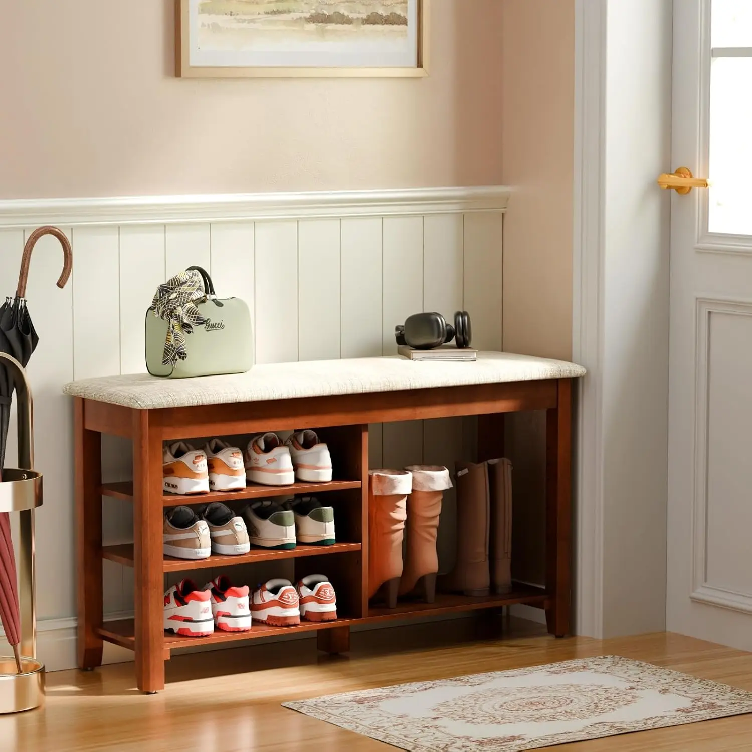 Solid Wood Shoe Rack Bench Flip-Top Storage Cushion Adjustable Shelf Entryway Hallway Living Room Mudroom 39.4