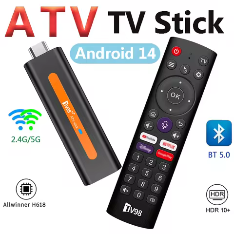 TV98 ATV TV Stick 4K Android 14 Allwinner H618 Quad Core HDMI 2GB 16GB Wireless Dual 5G WiFi BT 5.0 Voice Remote 8K Smart TV Box