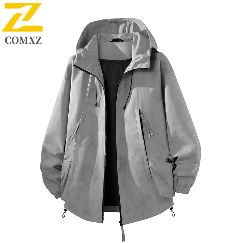 

COMXZ Men Jacket Autumn Trendy Hooded Casual Loose Fit Outdoor Lightweight Hiking Travel Windbreaker Minimalist Climbing Coat