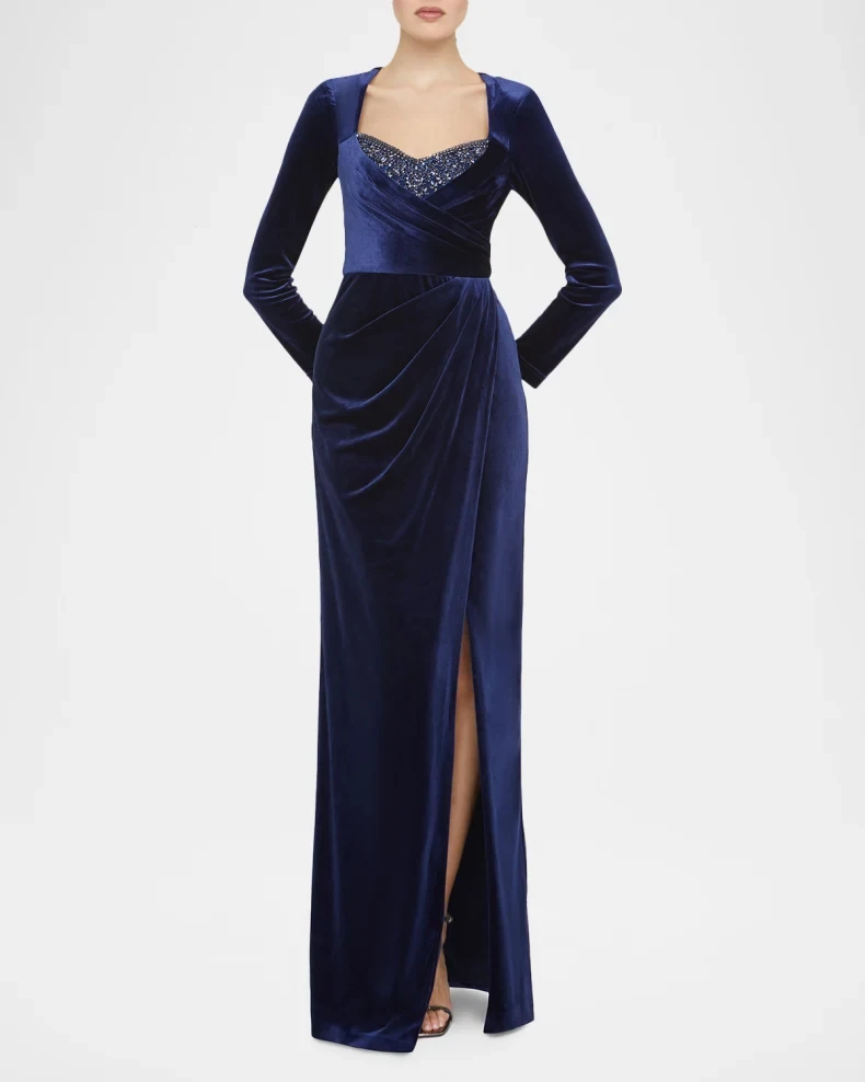 

Customized Retro Velour Criss-Cross Pleat Rhinestone A-line Square Neck Long Dresses Bespoke Occasion Dresses Sizes Available