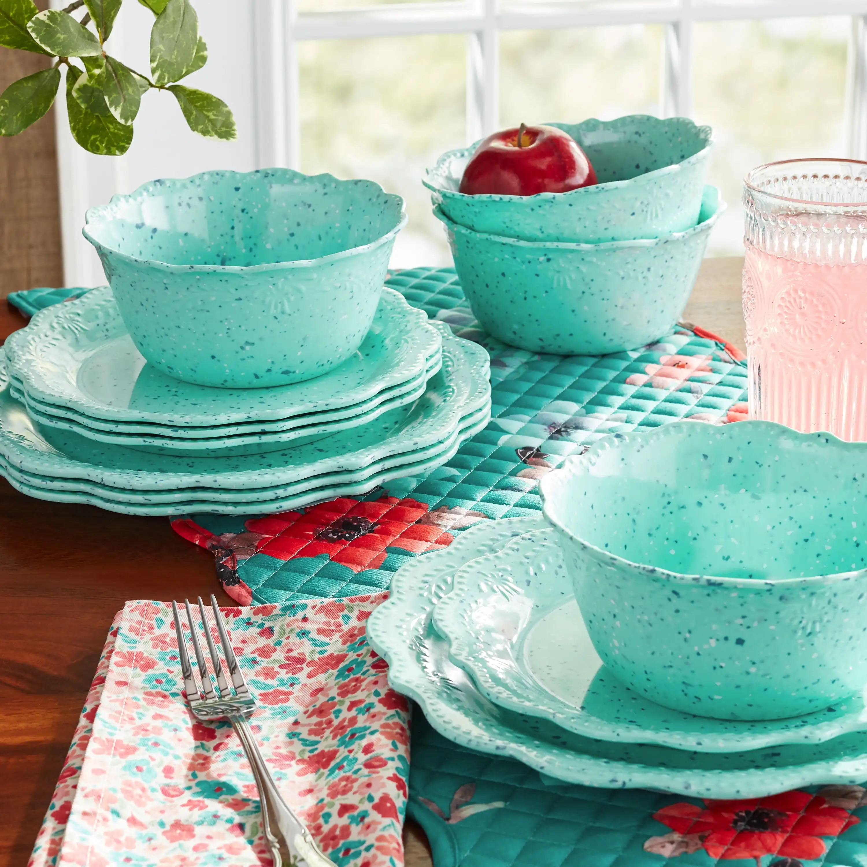 Juliette 12-Piece Melamine Dinnerware Set, Teal