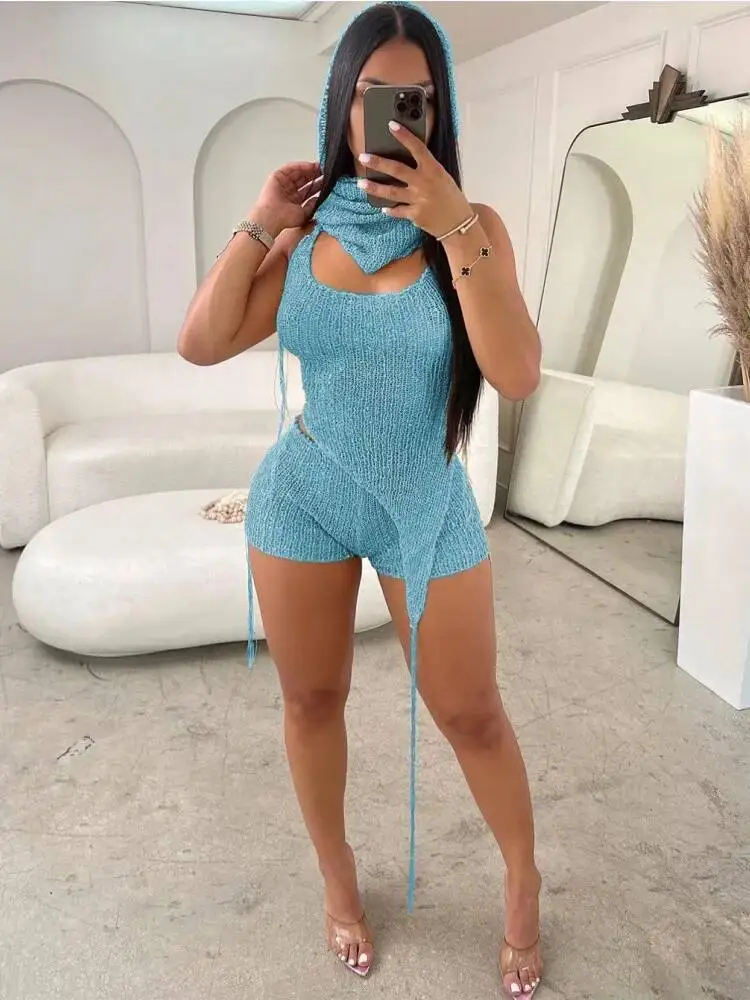 

Joskaa вязаный пляжный комплект из 3 предметов с блестками, женский сексуальный топ с открытой спиной и лямкой на шее, нерегулярный топ + шарф на голову + шорты, одинаковый комплект, отпускная одежда