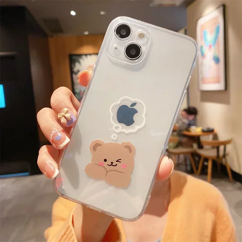 Funny Cartoon Teddy Bear Clear Phone Case per iPhone 15 12 13 14 11 Pro Max Mini 7 8 14 Plus SE X XR XS Soft Silicoe cover Skin