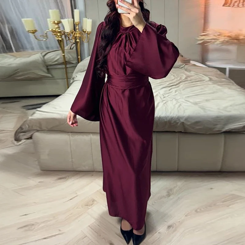 Sukienki na imprezę z wysokim stanem, zwiewne, eleganckie, z dekoltem typu O, z długim rękawem, satynowe, długie sukienki damskie, modne, z temperamentem, jednolite, 2026