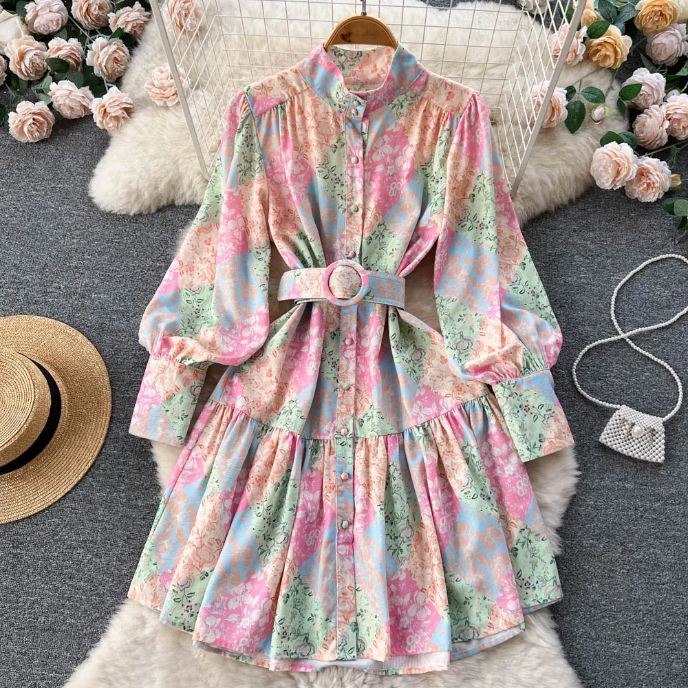 

New Vintage Flower Print Dress Women's Turtleneck Long Lantern Sleeve Single Breasted Belt A Line Mini Vestidos