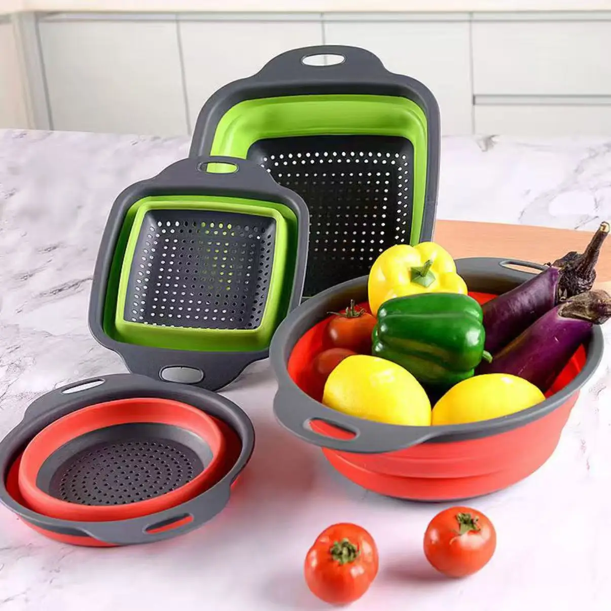 1/2pcs Silicone Round Folding Vegetable Fruits Washing Drain Basket Colander Strainer Collapsible Drainer Kitchen Tool