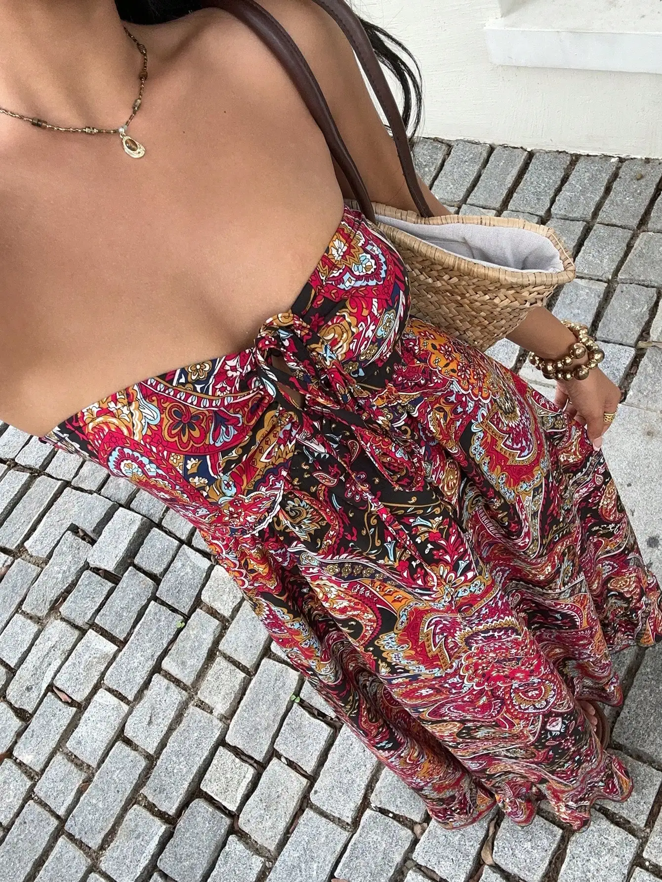 

Boho Print Halter Maxi Dress with Ruffled Hem and Adjustable Straps