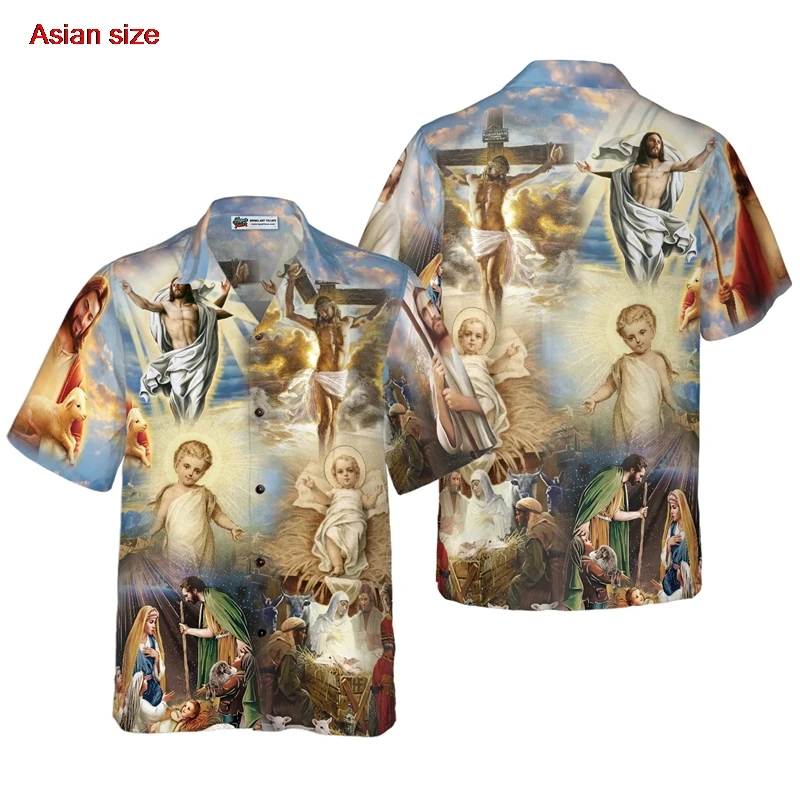 Nuovo Dio Gesù Maria Camicie hawaiane per uomo Pasqua Stampa 3D Harajuku Casual Manica corta Abbigliamento superiore Camicia hawaiana