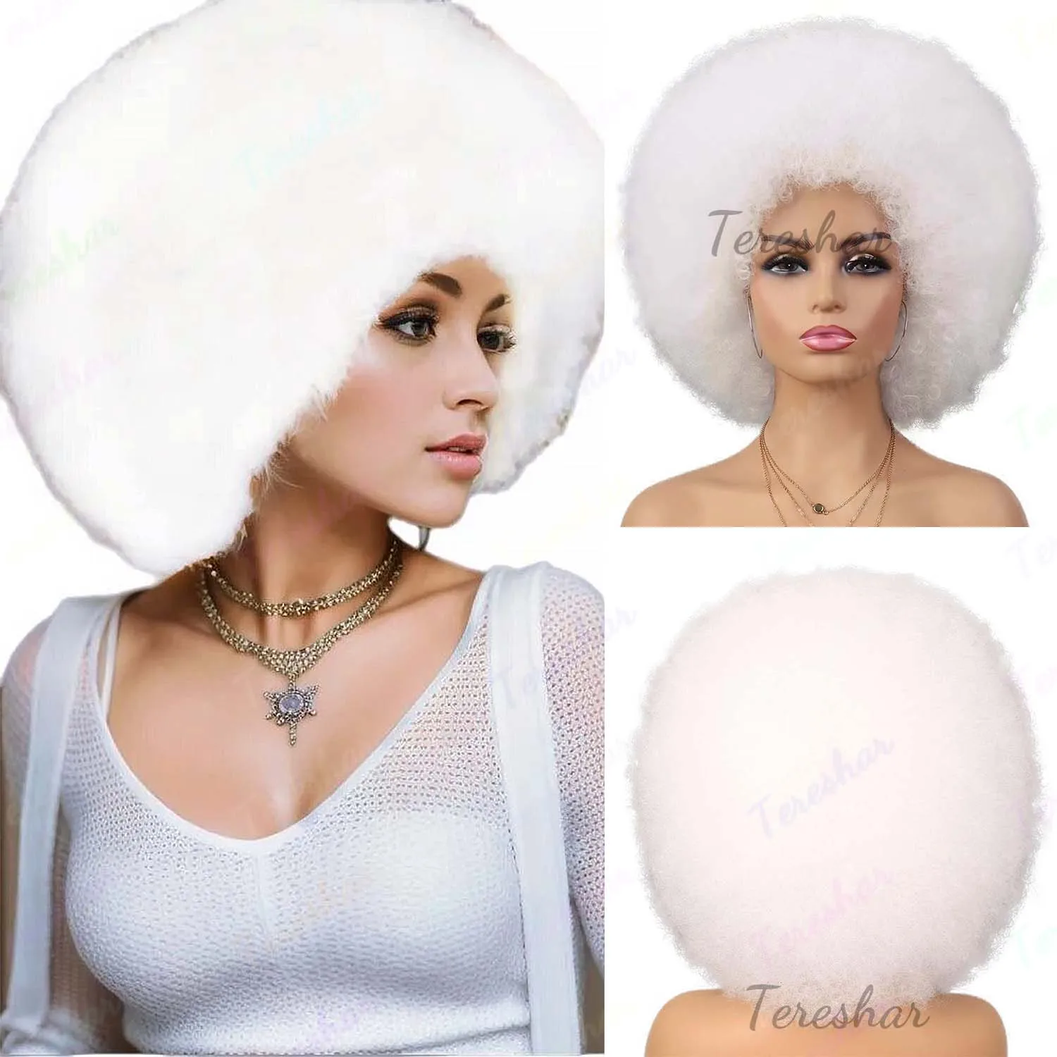 الاصطناعية 70s أوبورن شعر مستعار بتصميم مُجعد للنساء قصيرة الأفرو شعر مستعار شديد التجعد مع الانفجارات مقاومة للحرارة نطاط زي تأثيري شعر مستعار للحفلات #1