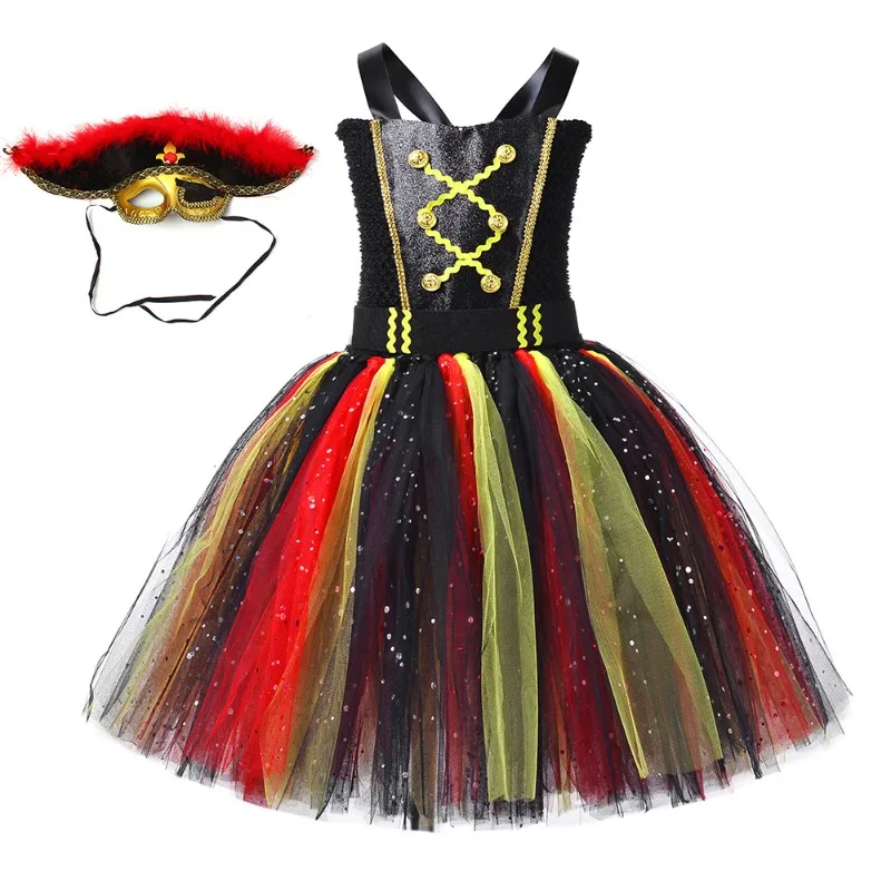 Classic red and black pirate princess clothes with a stylish tulle tutu skirt for kids, perfect for Halloween and  performance