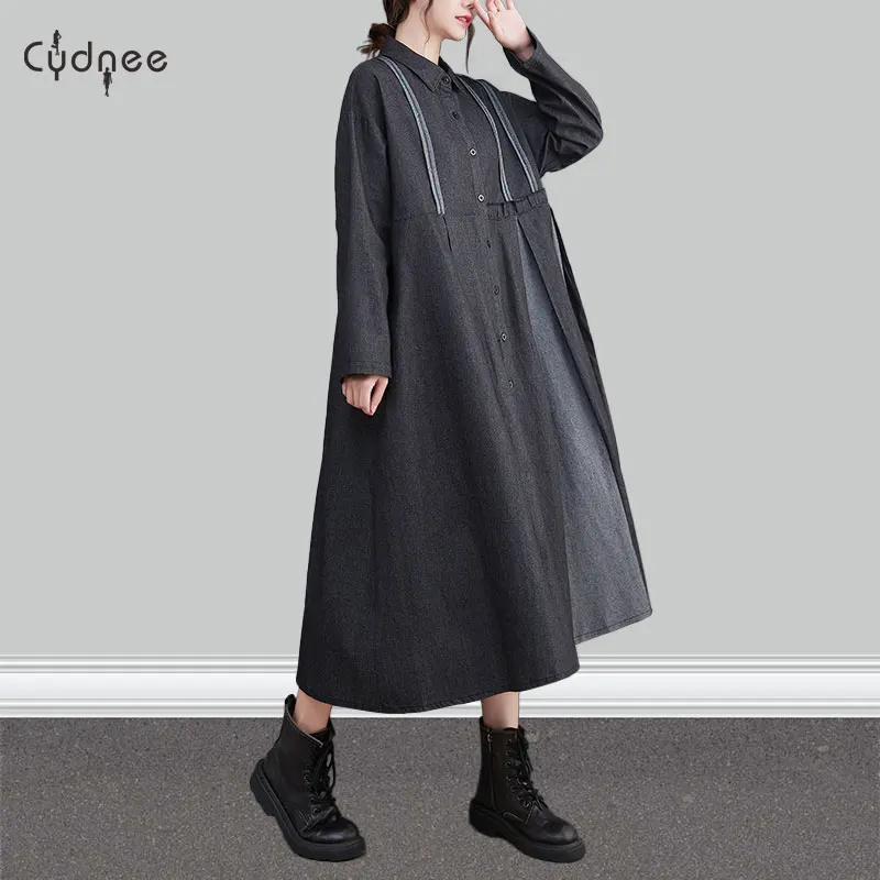 Fall Winter Korean Literature Large Size Japanese Shirt Dress Long Sleeve Denim Casual Plus Size Maternity Clothes Maxi Dress