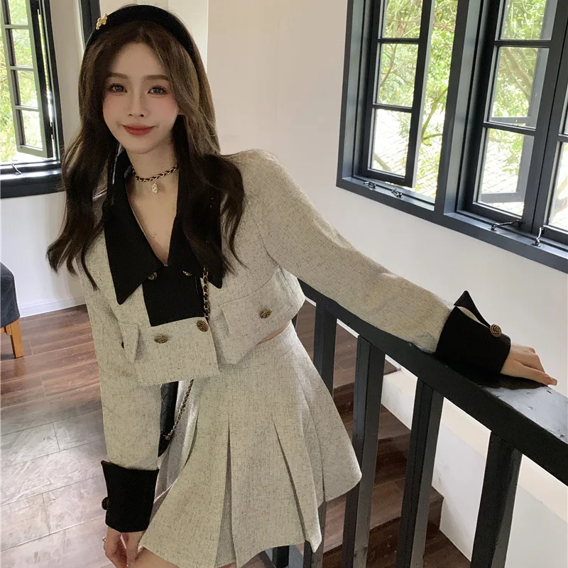 Women's Small Fragrant Style Doll Neck Blazer Pleated Skirt Set Vintage British Color Contrast Double breasted Suit Skirt Sets