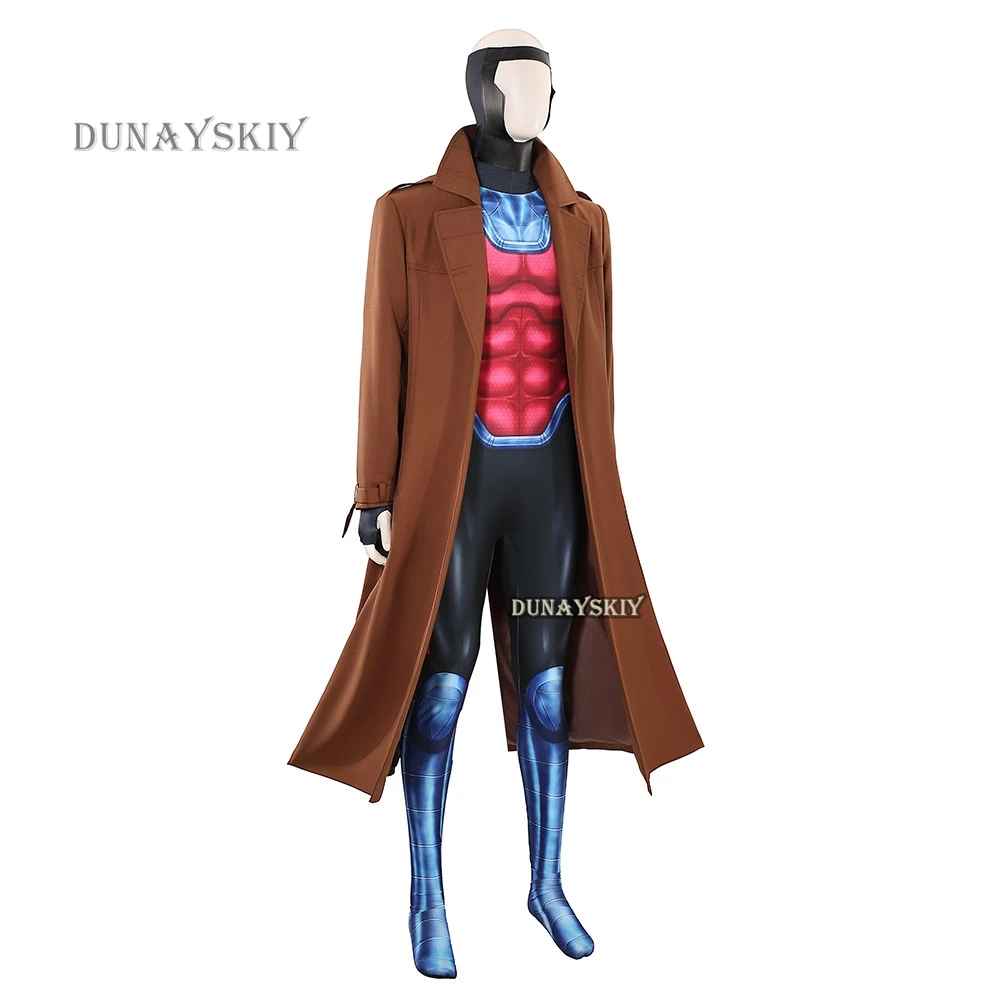 X-man Gambit Remy Cosplay Costume Men Battle Suit Leather Long Trench Vest Pants Set Superhero Halloween Carnival Outfits