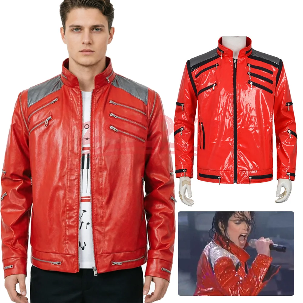Anime Punk Michael Jackson Rote Jacke Cosplay Kostüm Herren Klassisches Beat It Bühnenoutfit Schulter-Netzdetails Mehrere Reißverschluss-Details