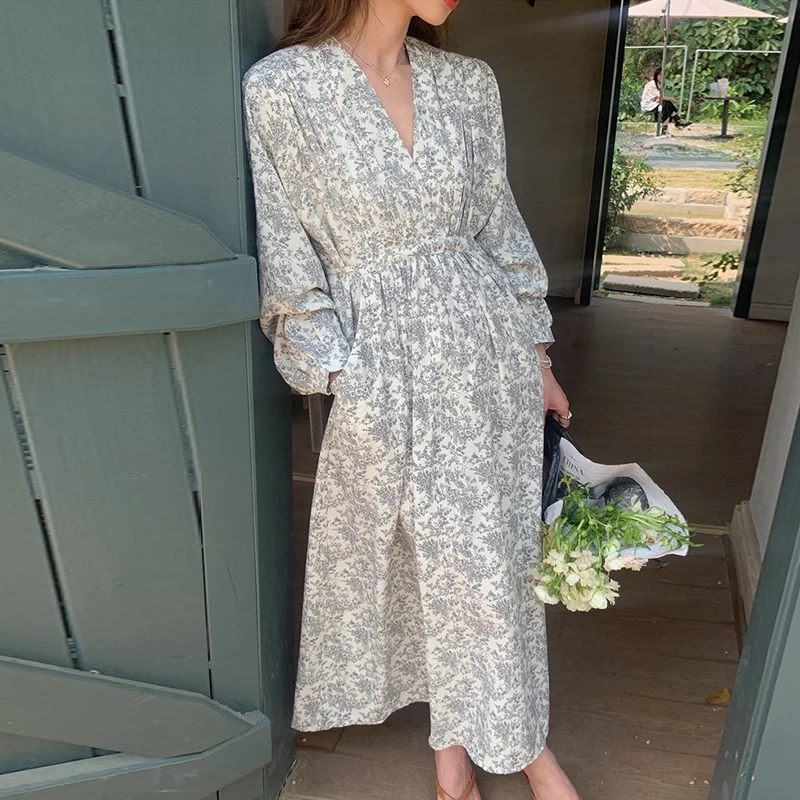 Spring Summer 2024 V Neck Floral Dress for Women Vintage Elegant Lace Up Slim Waist Vetidos Mujer Korean Chic Sweet Loose Robes